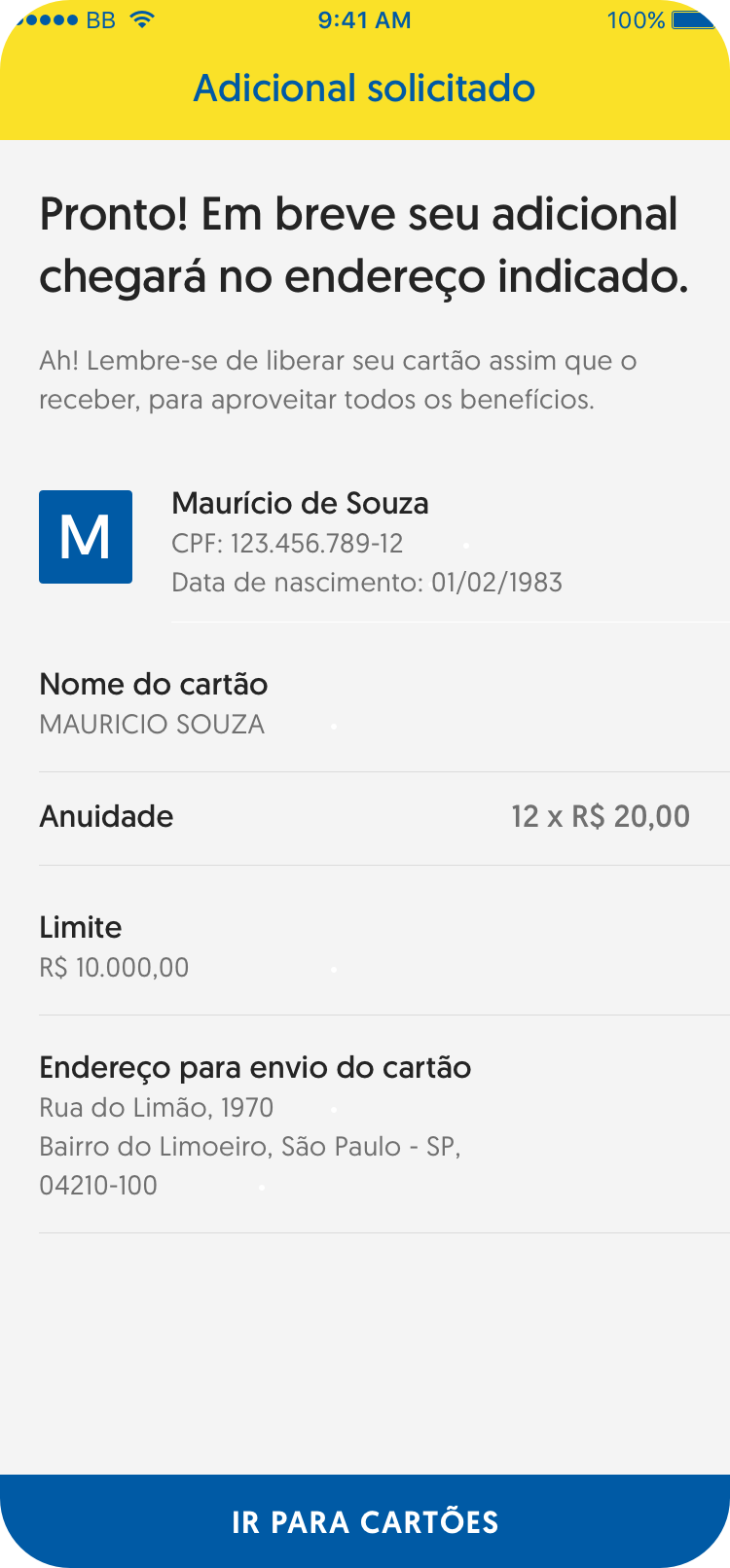 Cartão adicional: alterado